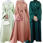 Elegant Shiny Satin Abaya Modest for Women Muslim Eid Dress Ramadan Kaftan Arabic Long Robe Dubai Femme Islamic Jalabiya Vestido